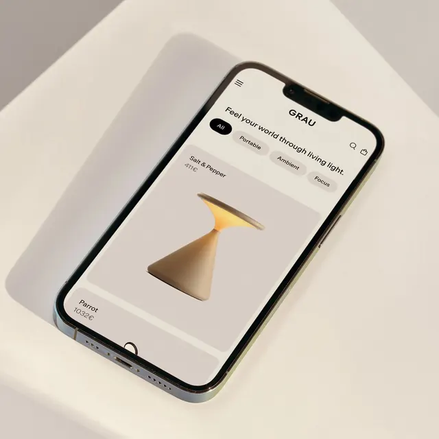 GRAU lighting app product screen on smartphone, minimal, light-mode, light