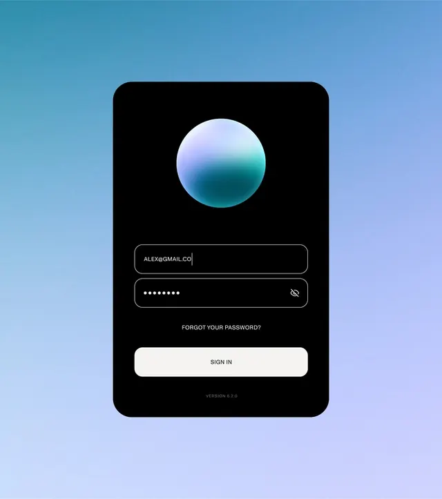 Mobile login screen with gradient orb, dark-mode, glassmorphism, dark