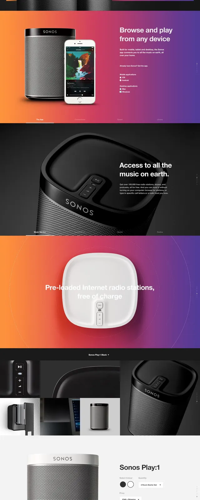 Sonos product showcase website layout, gradient-heavy, photographic, vibrant
