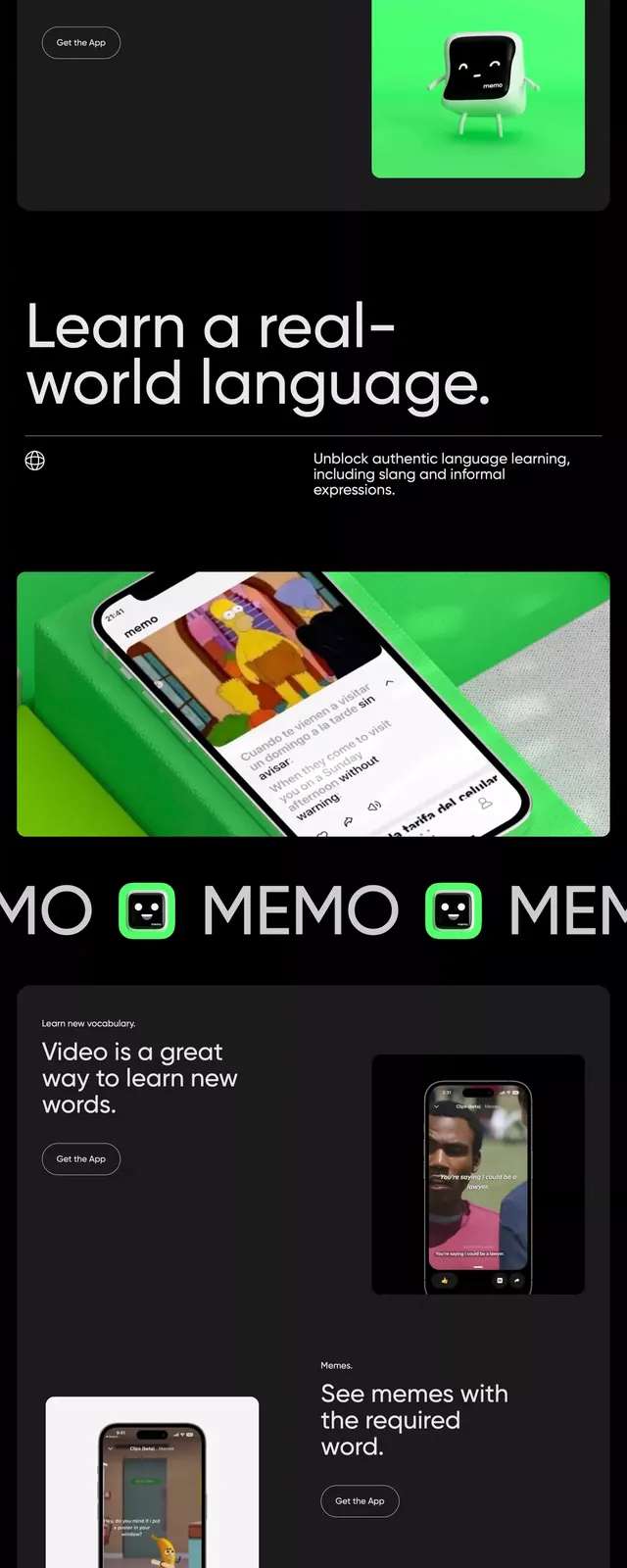 Memo language learning website vertical scroll, dark-mode, gradient-heavy, dark