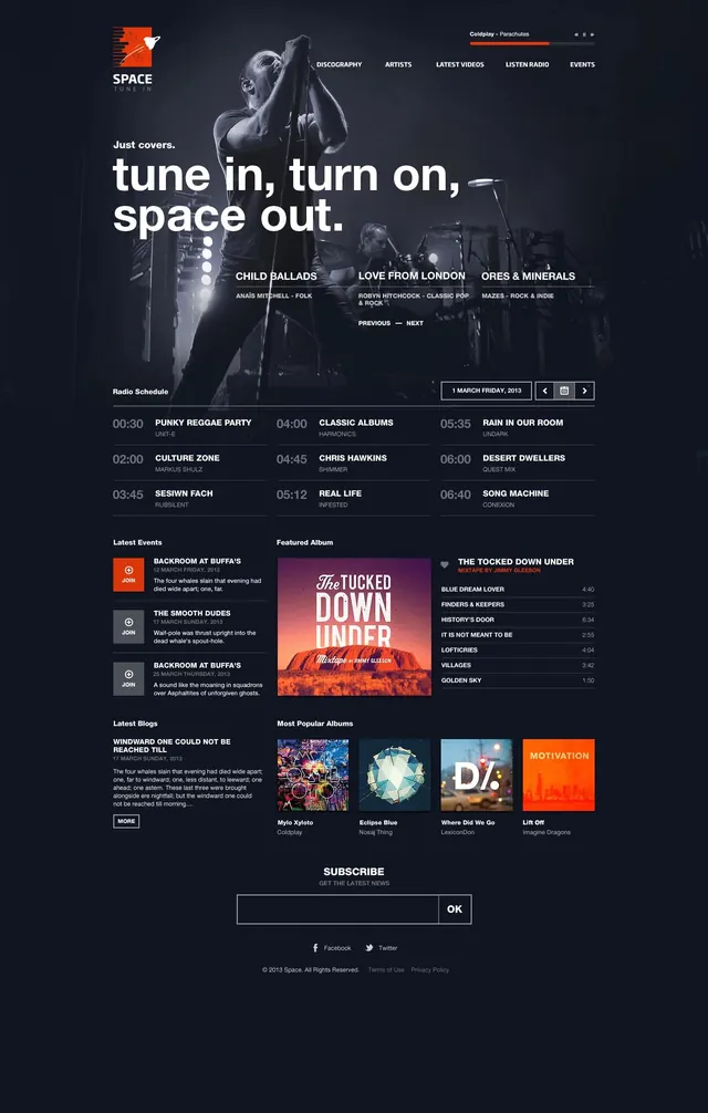 SPACE music streaming dark website layout, dark-mode, technical, dark