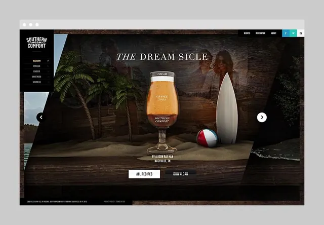 Southern Comfort website hero, dark editorial product showcase, dark-mode, editorial, dark
