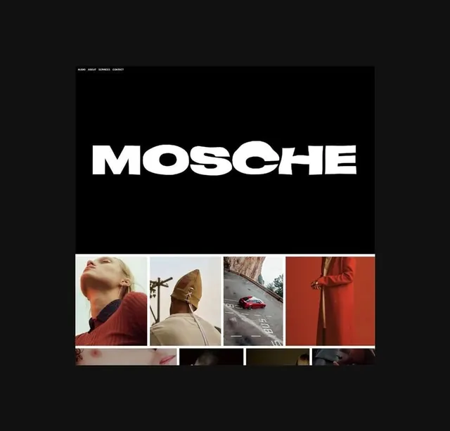 Mosche studio website layout, minimal, editorial, dark