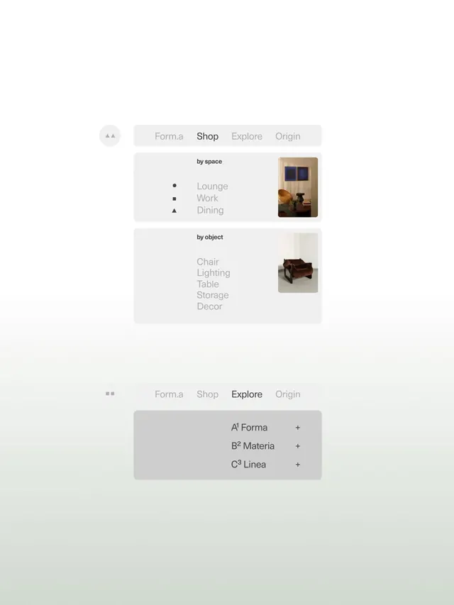 Forma furniture navigation UI, minimal, corporate-clean, monochrome