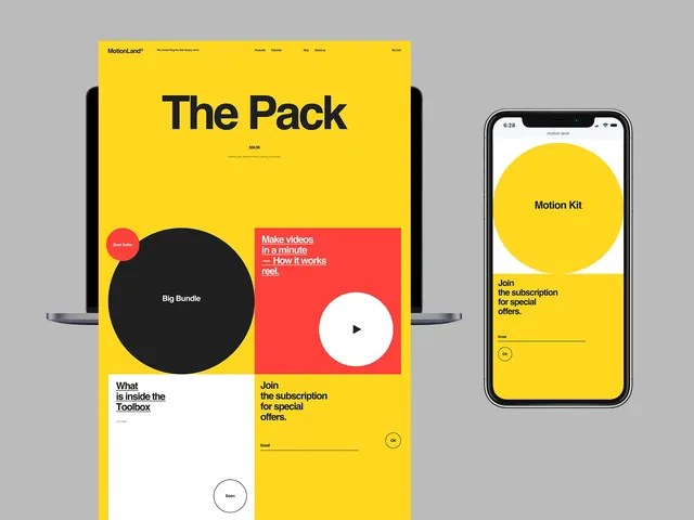 MotionLand yellow product page, neo-brutalist, swiss, vibrant