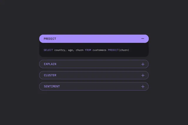 Infer ML SQL accordion UI, minimal, dark-mode, dark