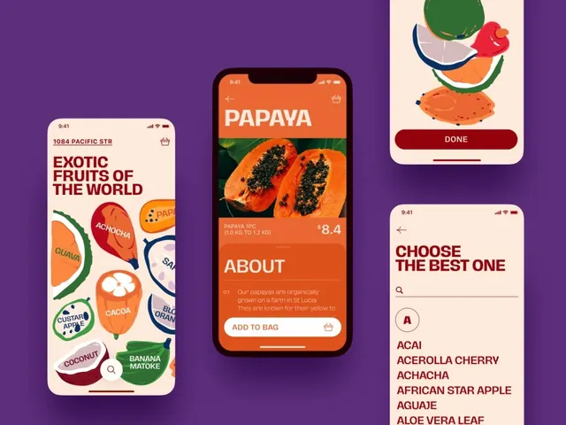 Exotic Fruits mobile app UI screens, flat, playful, vibrant
