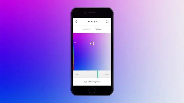Smart home lighting app interface on iPhone, minimal, technical, vibrant