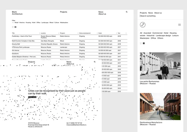 Blank Architects website projects table, minimal, swiss, light