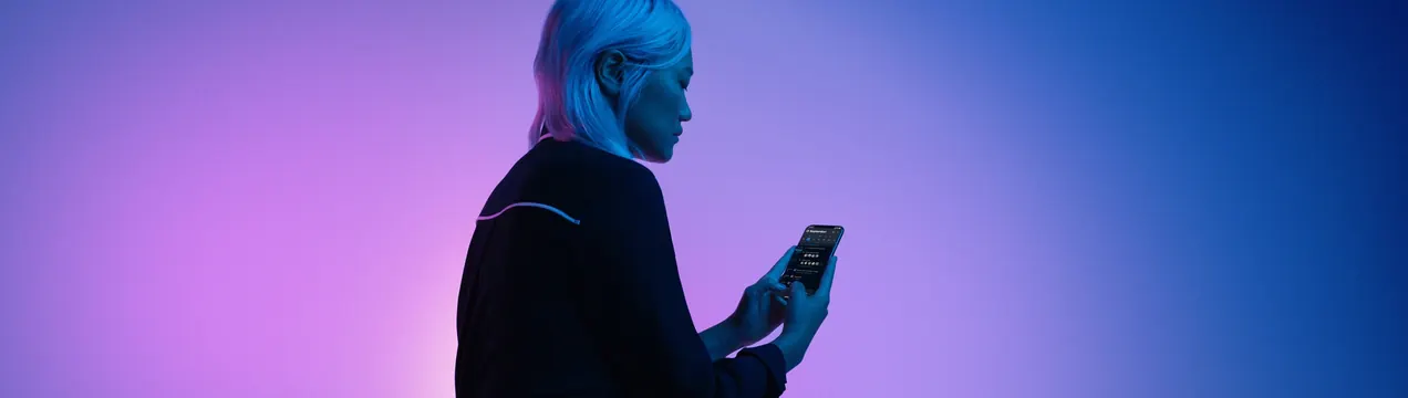 Dark Mode phone interface gradient, dark-mode, gradient-heavy, vibrant