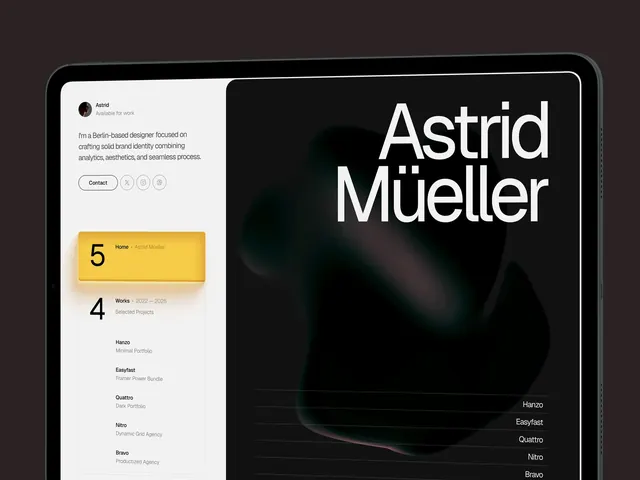 Portfolio website split-layout mockup, minimal, corporate-clean, dark