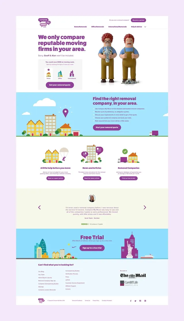 Moving comparison landing page with illustrated characters, illustrated, playful, vibrant