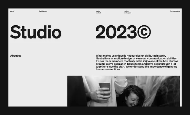 Zajno Studio portfolio "About" page with split layout, corporate-clean, minimal, monochrome