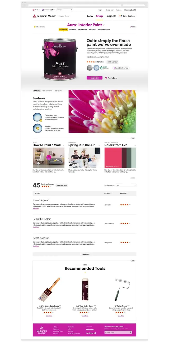 Benjamin Moore Aura interior paint product page, corporate-clean, gradient-heavy, vibrant
