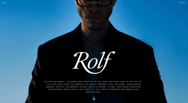 Rolf designer portfolio page with italic serif type, editorial, minimal, cool