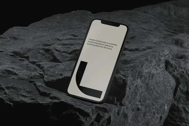 Smartphone UI mockup in landscape setting, photographic, minimal, dark