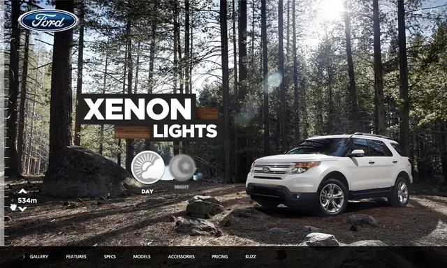 Xenon lights SUV forest website interface, photographic, minimal, dark