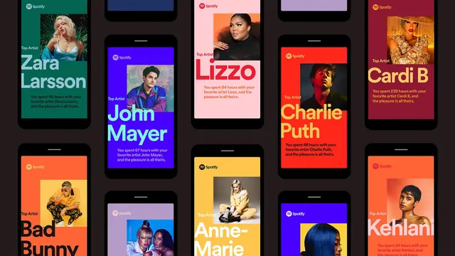 Spotify artist cards grid, vibrant, playful, vibrant
