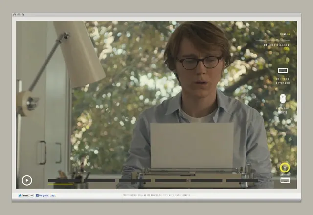 Laptop video player interface with desk lamp, technical, corporate-clean, dark
