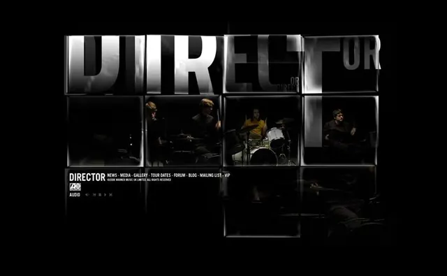 Director website screenshot with band studio photo, dark-mode, technical, dark