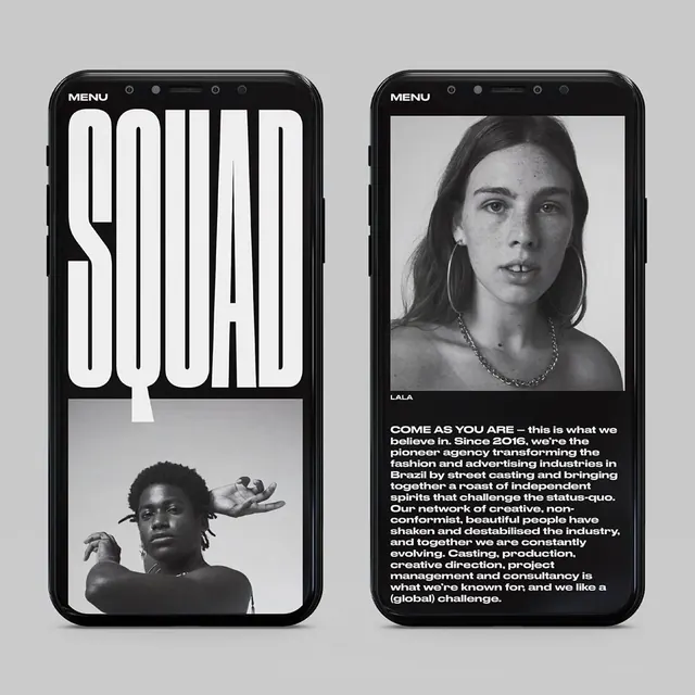 SQUAD agency mobile website mockup, minimal, editorial, dark