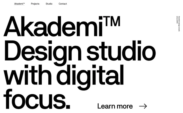 Akademi design studio website hero, minimal, swiss, dark