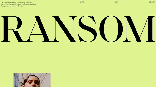 RANSOM agency website hero, editorial, minimal, light