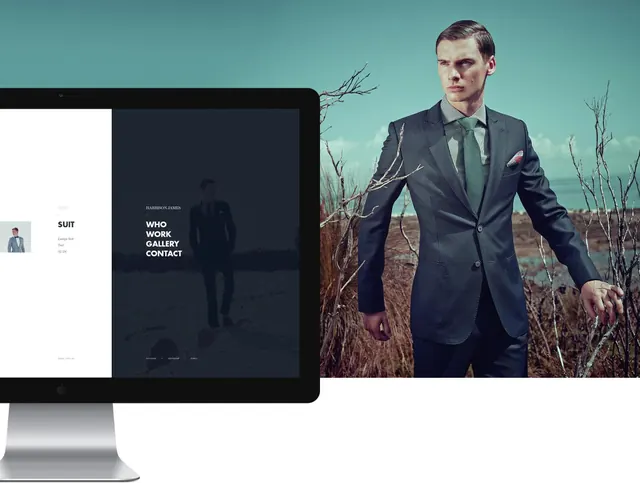 Harrison James tailoring portfolio website mockup, photographic, editorial, cool
