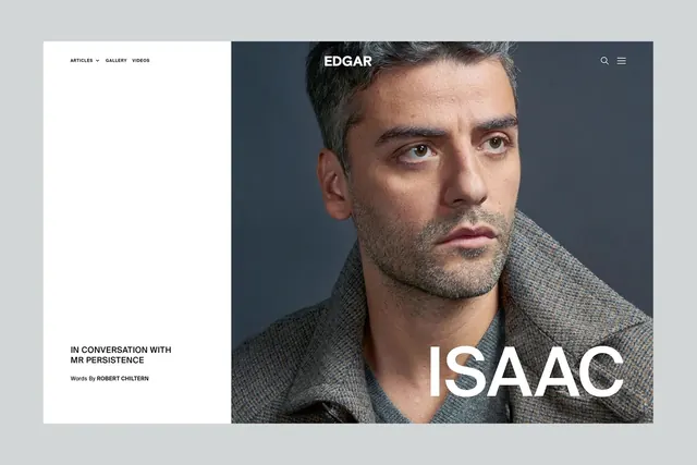 Edgar magazine split hero layout, editorial, minimal, light