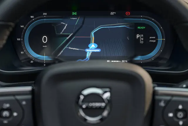 Volvo digital instrument cluster UI, dark-mode, minimal, dark