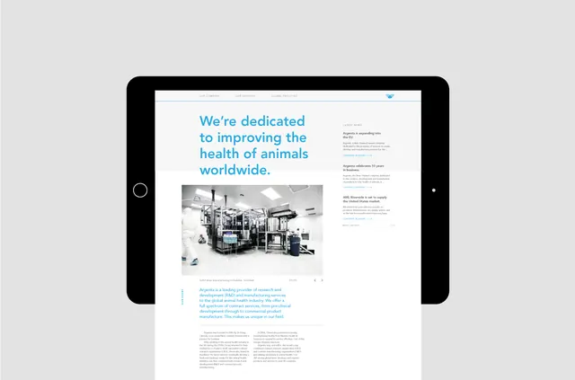 Argenta animal health website mockup, corporate-clean, minimal, light