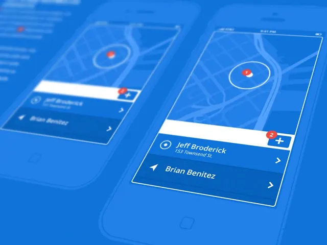 Location-based social app interface in blue, technical, 3d-render, cool