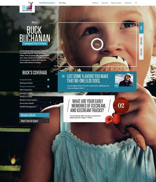 Hartford insurance website with video player overlay, multi-section layout, corporate-clean, data-dense, cool