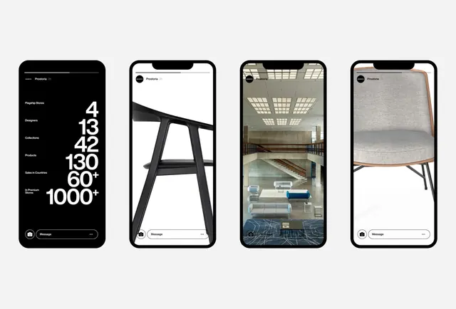 Postoria furniture Instagram story series, minimal, corporate-clean, dark