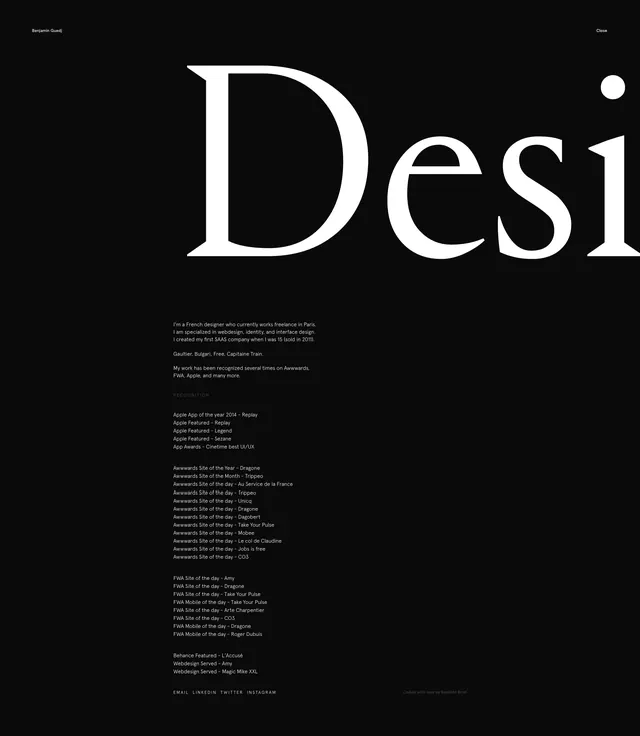 Designer portfolio page with serif typography, dark-mode, editorial, dark