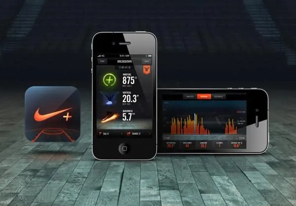 Fitness app UI mockup with Nike branding, technical, minimal, dark