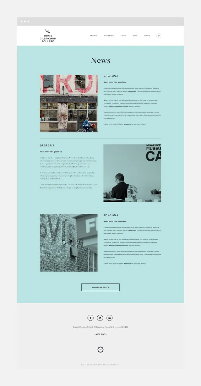 Light teal news website layout, minimal, editorial, light