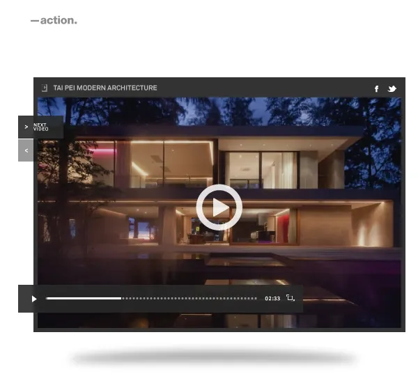 Video player UI over modern architecture, minimal, dark-mode, dark