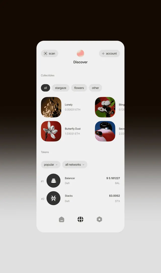 Mobile discover UI with NFT collectible cards and tokens list, minimal, light-mode, light