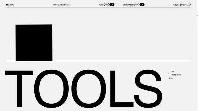 Minimal web UI for grid tool with oversized TOOLS typography, minimal, swiss, light