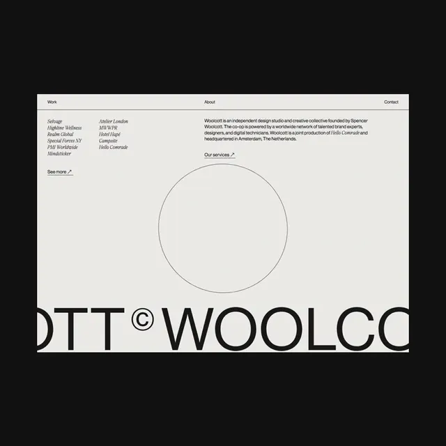 Woolco design studio website layout, minimal, swiss, light