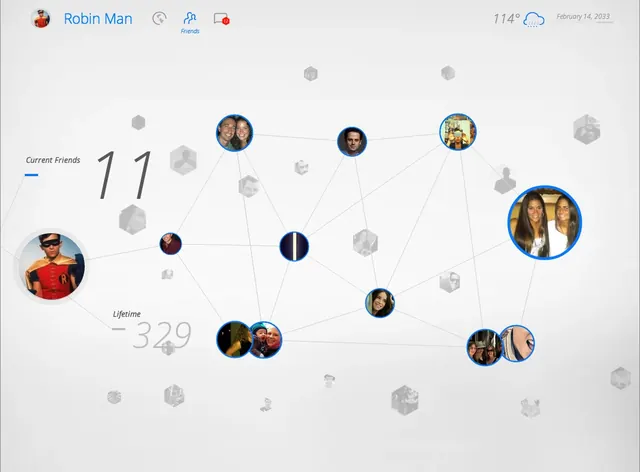Social network visualization with friend avatars, technical, minimal, light