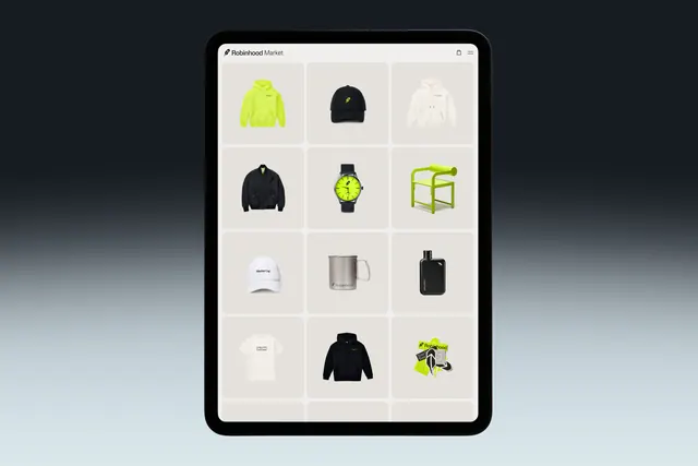 Riderhood Market product grid interface, minimal, corporate-clean, light