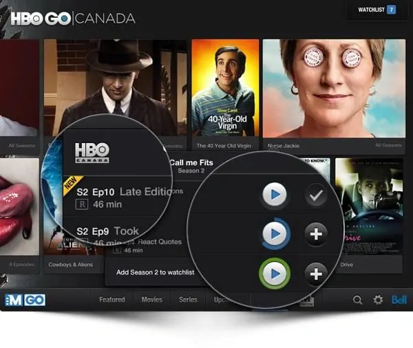 HBO GO Canada streaming interface detail, dark-mode, minimal, dark