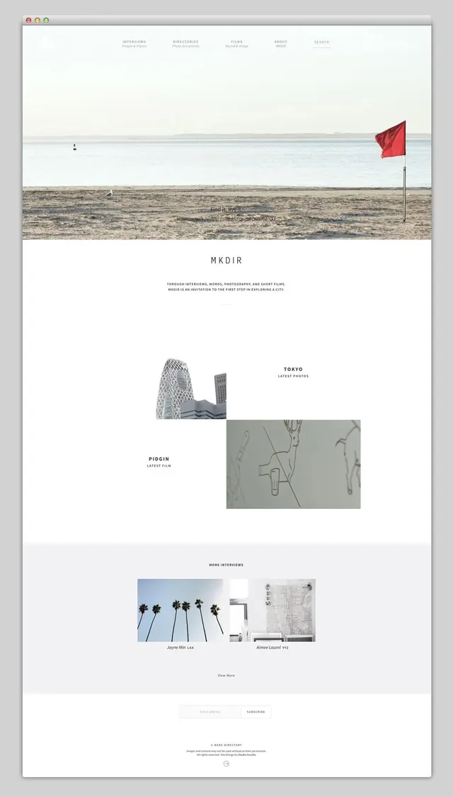 MKDIR portfolio website homepage, minimal, editorial, light