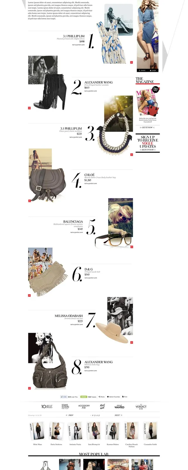 Vogue magazine e-commerce product showcase layout, editorial, data-dense, light