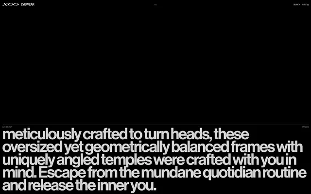 Eyewear brand hero with large-format typography, minimal, corporate-clean, dark