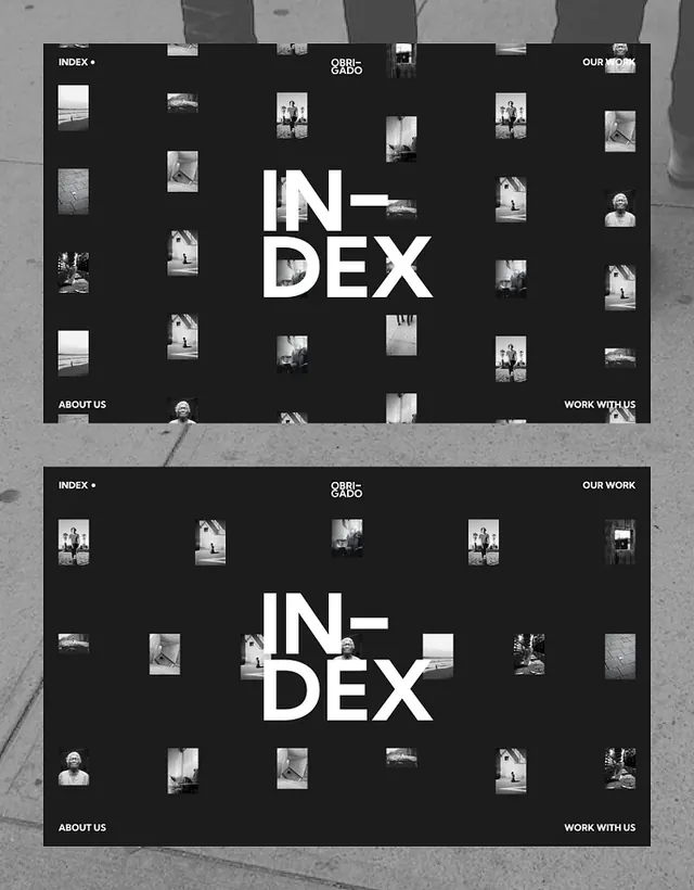 Portfolio website grid layout with project thumbnails, dark-mode, minimal, dark