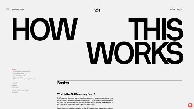 A24 Screening Room FAQ page design, minimal, technical, light