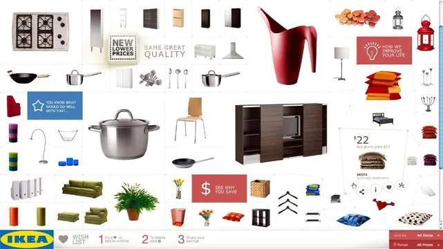 IKEA product grid with shopping interface, corporate-clean, boxed, light